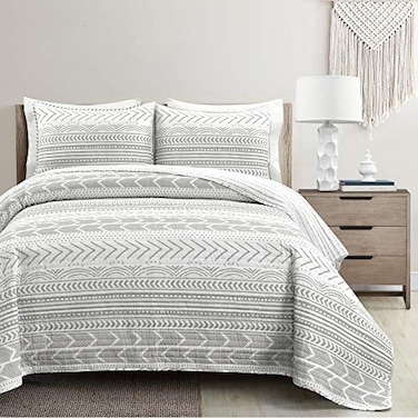 Lush Decor Hygge Geo Pattern Striped 3 Piece Quilt Bedding Set King Gray White