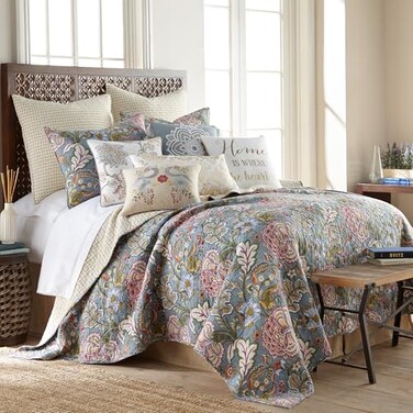 Levtex Home Angelica Reversible KingCal King Quilt Set 106x92in and 2 Pillow Shams 36x20 Bedding Blue Grey Coral Cotton King Size Quilt Bedding Set Lightweight Soft PreWashed