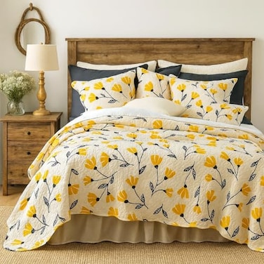 DaDa Bedding Botanical Floral Bedspread Quilt Yellow Fleur Golden Yellow Spring Time Tulips Quilted Coverlet Set Scalloped Edges Bright Vibrant Ivory Cream King Size 3Pieces