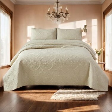Brandream Luxury Beige Quilt Bedding Set King Size Cotton Luxury Elegant Medallion Matelasse Coverlet Set 3Piece