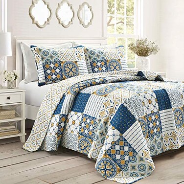 Lush Decor Monique Reversible Cotton Quilt Queen Size 3 Piece Set FullQueen Navy Mustard Blue Bedding Set Queen Quilt Patchwork Quilts Boho