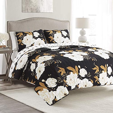 Lush Decor Zinnia Floral 3 Piece Quilt Set King BlackGold
