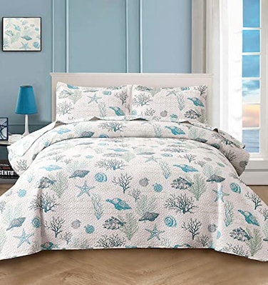 CHESITY 3Piece Ocean Quilts Set FullQueen Size Beach Bedspread Lightweight Coastal Bedding Reversible Bedding Cover Nautical Coverlet Set Seaweed Coral Beach Conch Sheet90x90