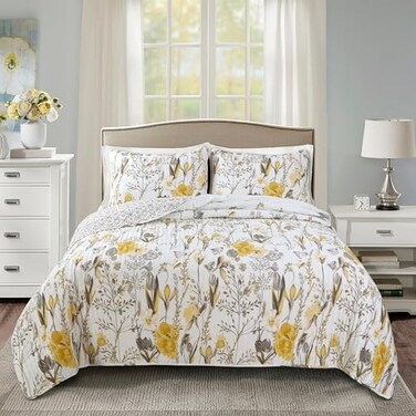 Lush Decor Adalia 3Piece YellowGray Quilt Set FullQueen