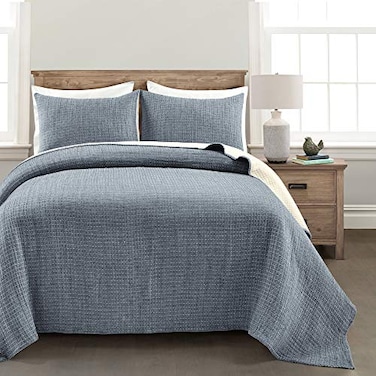 Lush Decor Solid Kantha Pick Stitch Yarn Dyed Cotton Quilt King Size 3 Piece Set Navy Off White Bedding Set King Quilt Lightweight Quilts