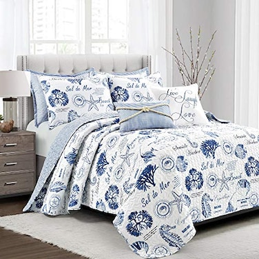 Lush Decor Harbor Life Reversible Quilt Set 7 Piece Set King Indigo Blue Quilt King Bedding Set Coastal Decor Nautical Bedding Beach House