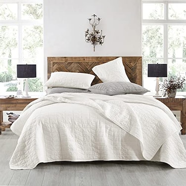 HORIMOTE HOME Quilt Set King Size StoneWashed Chic Rustic Cream White Coverlet with Classic Triangle Stitched Pattern Ultra Soft Lightweight Quilted Bedspread for All Season 3 Pieces