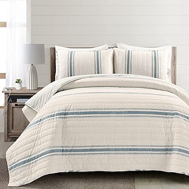 Lush Decor Farmhouse Stripe Reversible Cotton Quilt King Size 3 Piece Set Blue Farmhouse Bedding Set King Quilt Striped Bedding