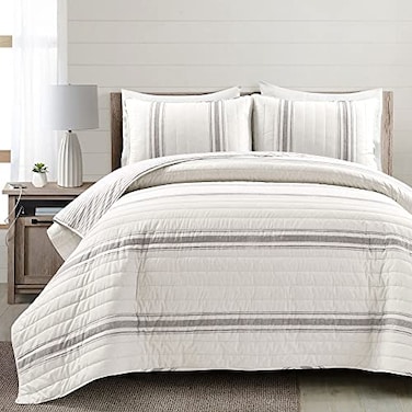 Lush Decor Farmhouse Stripe Reversible Cotton Quilt Queen Size 3 Piece Set FullQueen Gray Farmhouse Bedding Set Queen Quilt Striped Bedding