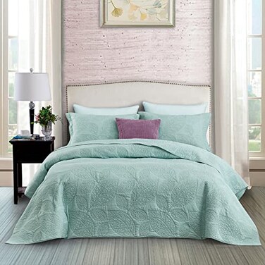 CHIXIN Botanical Cotton Quilt King Size Real Stitching Leaf Pattern Quilted Bedspread Coverlet Set Ultra Soft Lightweight Reversible 3 Piece Light Green