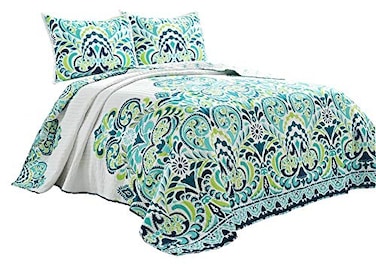 Lush Decor Clara Quilt 3 Piece Reversible Bedding Set FullQueen Blue Green
