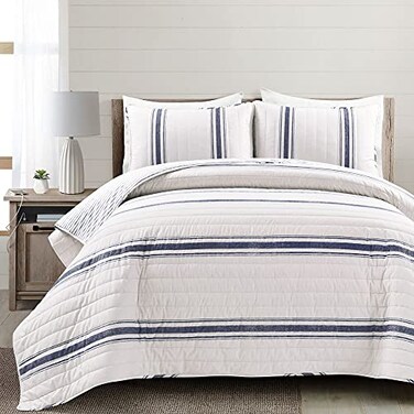 Lush Decor Farmhouse Stripe Reversible Cotton Quilt King Size 3 Piece Set Navy Farmhouse Bedding Set King Quilt Striped Bedding