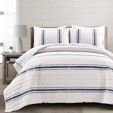 Lush Decor Farmhouse Stripe Reversible Cotton Quilt Queen Size 3 Piece Set FullQueen Navy Farmhouse Bedding Set Queen Quilt Striped Bedding