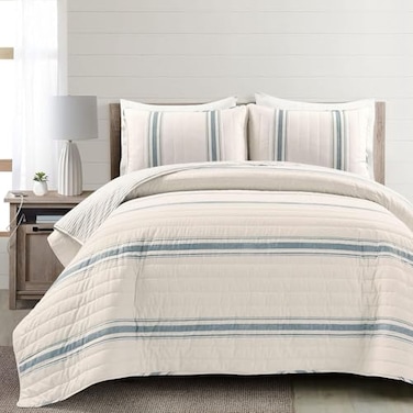 Lush Decor Farmhouse Stripe Reversible Cotton Quilt Queen Size 3 Piece Set FullQueen Blue Farmhouse Bedding Set Queen Quilt Striped Bedding