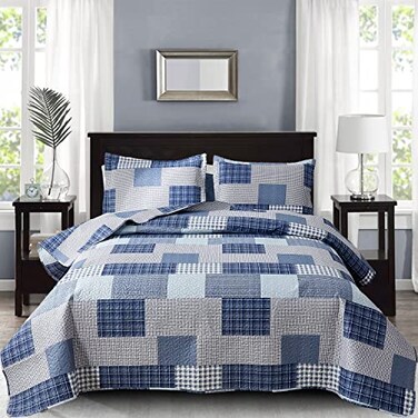 CHESITY King Quilt Set King Size Plaid Bedding Sets 3Piece Navy Blue Reversible Lightweight Stripe Grid Coverlet Bedspread Patchwork Soft Quilt for Bed 96 x 108