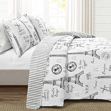 Lush Decor Paris Bonjour Reversible Cotton 3 Piece Quilt Set King Black White