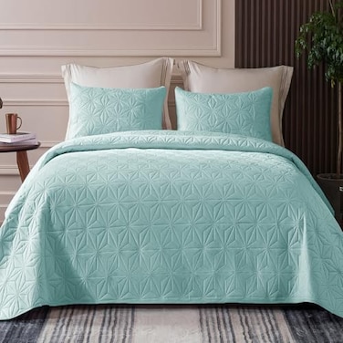 Whale Flotilla Twin Quilt Bedding Set Soft Aqua Blue Bedspreads Quilts Twin XL Size for All Seasons 2 Pieces Lightweight Geometric Star Pattern Coverlet