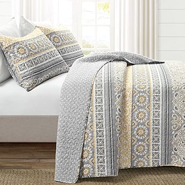 Lush Decor Nesco Stripe Quilt King Size 3 Piece Set Yellow Gray Striped Bedding Set Queen Quilt Yellow Quilts Boho Bedroom Decor