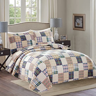 Ycosy Beige Plaid Quilt Set Twin Size Patchwork Quilts Bedding Plaid Reversible Bedspread Coverlet Soft Lightweight Bed Cover Set All Season1 Quilt 2 Pillow Shams