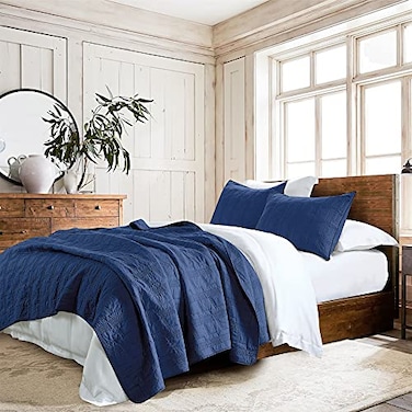 HORIMOTE HOME 100 Cotton Quilt Set Twin Size Navy Blue PreWashed 2Piece Bedspread Coverlet Set Cozy Lightweight Stitching Bedding Cover with 1 Sham in Geometric Pattern for All Season