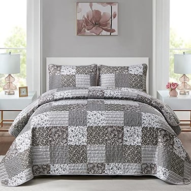 Mybedsoul Grey Boho Quilt Set Queen Size3 Pieces Plaid Floral Bedspread Coverlet Set for All SeasonPatchwork Reversible Bedding Set Queen 90x96