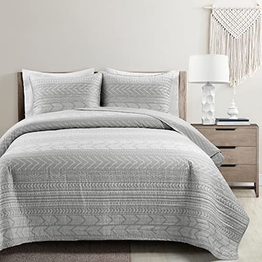 Lush Decor Hygge Geo Pattern Striped 3 Piece Quilt Bedding Set FullQueen Light Gray