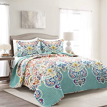 Lush Decor Boho Chic Reversible Cotton Quilt 3Piece Set Full Queen Seafoam Red Bright Paisley Print Vibrant Colorful Bohemian Bedding Set