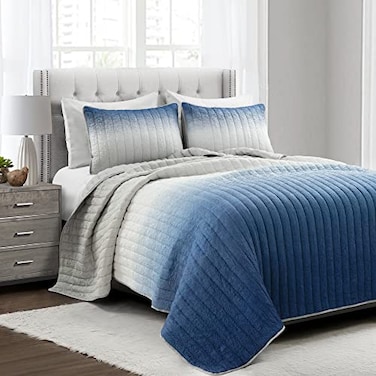 Lush Decor Crinkle Ombre Quilt King Size 3 Piece Set Navy Gray Ombre Bedding Set King Quilt Blue Quilts Modern Bedroom Decor