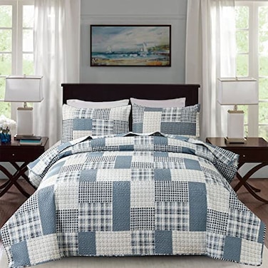 CHESITY 3 Piece King Size Plaid Quilt Set Country Patchwork Bedding Quilt Lightweight Reversible Bedspread Coverlet with Sham Soft All Season Bed Coverlet Set 1 Quilt 2 Pillow Shams