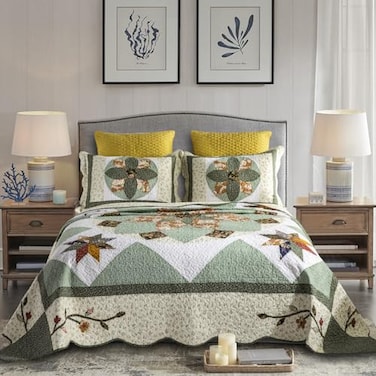 YAYIDAY Quilt King Size Patchwork Bedspread Set 100 Cotton Reversible Breathable Green Earth Geometric Quilted Quilt with Pillow Shams for All Seasons