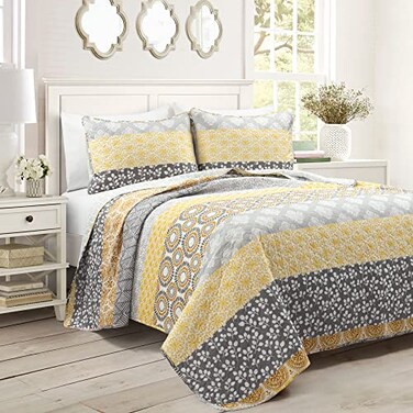 Lush Decor Bohemian Stripe Reversible Cotton Quilt Set 3 Piece Set Full Queen Yellow Gray Striped Bedding Set Yellow Quilts Queen Size Boho Decor