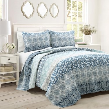 Lush Decor Bohemian Stripe Reversible Cotton Quilt Set 3 Piece Set Full Queen Navy Blue Striped Bedding Set Blue Quilts Queen Size Boho Decor