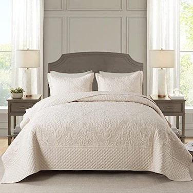 NEWLAKE Quilt Bedspread Set Beige Jacquard Embossed Floral Pattern Reversible Embroidered Microfiber Coverlet Sets Queen Size