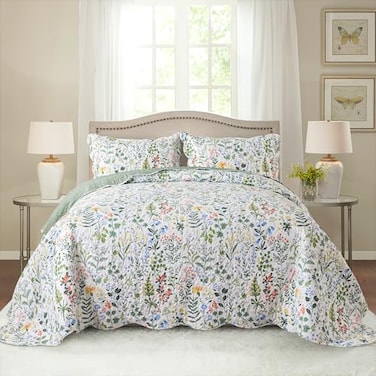 HoneiLife Queen Quilt Bedding Set 3 Pieces Microfiber Quilt Sets Lightweight Bedspreads Reversible Coverlets Retro Bed Cover Floral Bedding Set Wildflower Quilts All Season Use