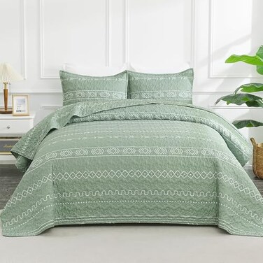 Andency Sage Green Quilts Queen Size 3 Pieces Queen Quilt Bedding Set Boho Lightweight Soft Striped Bedspread for All Season 90x96 Printed Bohemian Polyester Reversible Coverlet Comoforter Sets