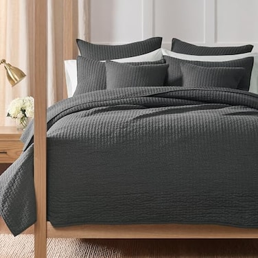 Levtex Home Cross Stitch Reversible FullQueen Quilt Set 88x92in with 2 Pillow Shams 26x20in Stitch Texture Charcoal Cotton FullQueen Size Quilt Bedding Set Lightweight Soft PreWashed