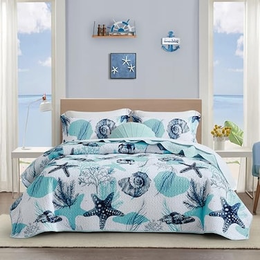 Tritard 3 Piece Coastal Quilt Sets King Size Nautical Reversible Lightweight Bedspread Coverlet with 2 Shams Blue Starfish Conch Beach Microfiber Bedding Quilt Set for All Season 106x96
