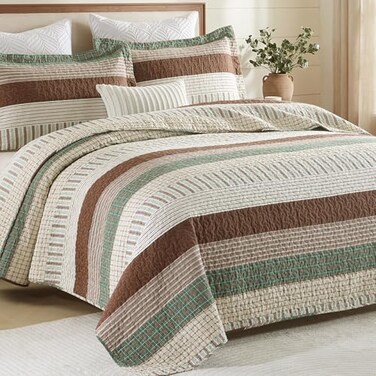 Finlonte 100 Cotton King Size Quilt Set Patchwork Striped King Quilt Bedding Set Farmhouse Bedspread Lightweight Quilted Comforter Reversible Bed Spread for All Season GreenBrownBeige 3 Pieces