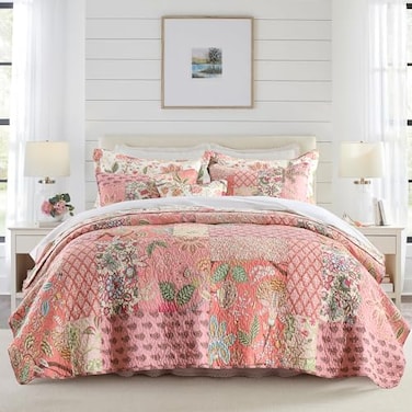 NEWLAKE Cotton Patchwork Bedspread 3Piece Bedding Quilt Set with Real Stitched Embroidery Reversible Matelasse Bed Coverlet SetBohemian FloralCalifornia King Size