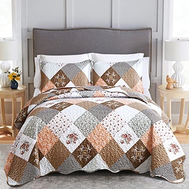 Dinjoy Floral Plaid Patchwork Quilt Set Twin Size Reversible Brown Bedding Set Soft Microfiber Lightweight Bedspread Coverlet 3 Piece Summer Fall Autumn Use 68x86 inches