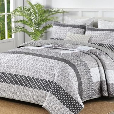 WONGS BEDDING Grey Quilt Twin Size Bohemian Stripe Quilt Sets 2 Pieces Gray Boho Quilted Bedspread Set Lightweight Microfiber Coverlet Bedding Set All Season 6886