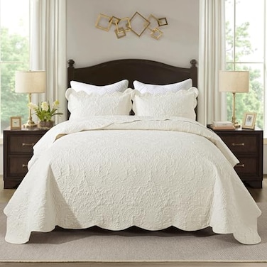 HoneiLife Queen Quilt Bedding Set Microfiber Quilt Sets for Queen Bed 3Piece Lightweight BedspreadsReversible Coverlets Rustic Bedlinen Sets Floral Bedding Set All Season QuiltsBeige