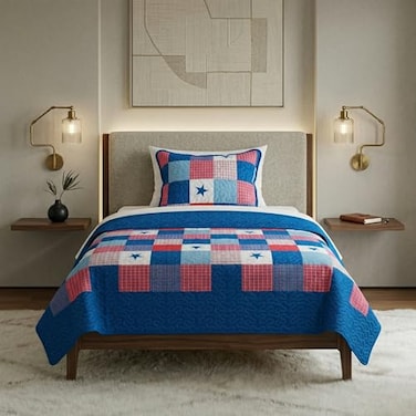 Bedford Home 2Piece Caroline Patriotic Quilt Set Microfiber Americana Stars and Plaid Patchwork Blanket Bed Set with Sham Home Bedding by Twin