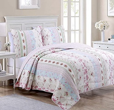 Cozy Line Home Fashions 100 Cotton Real Patchwork Pink Floral Cottage Shabby Chic Reversible Quilt Bedding Set Bedspread Coverlet Wild Rose Twin 2 Piece