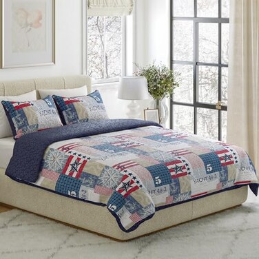 Lavish Home 3Piece Quilt Set Nautical Americana Patchwork Print AllSeason Soft Microfiber Bedspread with Shams Bedding by LHC King