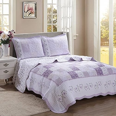 Cozy Line Home Fashions 100 Cotton Hand Piecing Real Patchwork Love of Lilac Bedding Quilt Set Purple Orchid Lavender Chic Lace Floral Reversible Coverlet Bedspread Lilac King 3 Piece