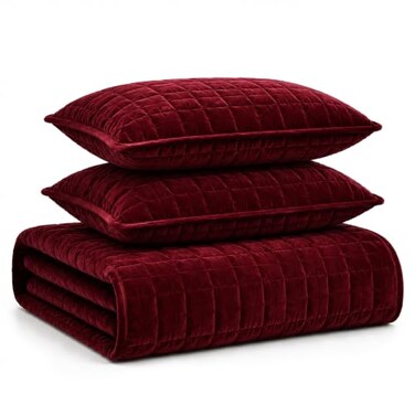 Tribeca Living Luxury Velvet Quilt Queen Size Set 260GSM UltraSoft Oversized Velvet Bedspread Comforter Set with 2 Shams in Florence Burgundy