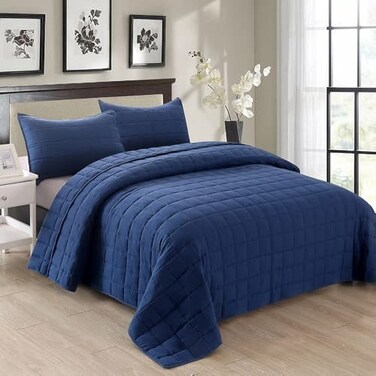 EMME Quilts King Size Bedding Sets Navy Blue Bedspread Soft Lightweight PreWashed Quilt 3 Piece Cozy Reversible Microfiber Coverlet with Pillow Sham Square Pattern106x96