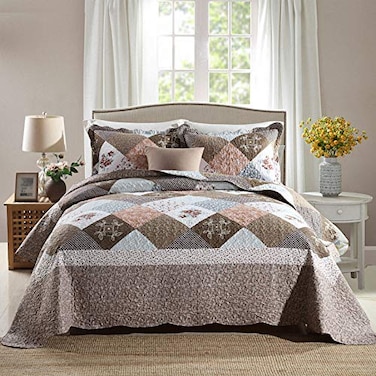 NEWLAKE Quilt Bedspread SetsCheckered Floral Reversible Coverlet SetQueen Size