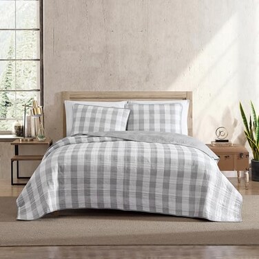 Eddie Bauer Twin Quilt Set Cotton Reversible Bedding with Matching Sham Luxurious Bedding Set Lakehouse Plaid Light Grey Twin